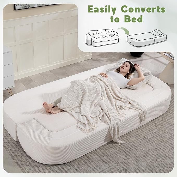 MeMoreCool Cloud Couch Boneless 3-Seater Sofa Bed – Beige Corduroy Convertible Floor Couch with Tufted Cushion, No Assembly Foldable Sleeper for Living Room, Apartment and Small Spaces