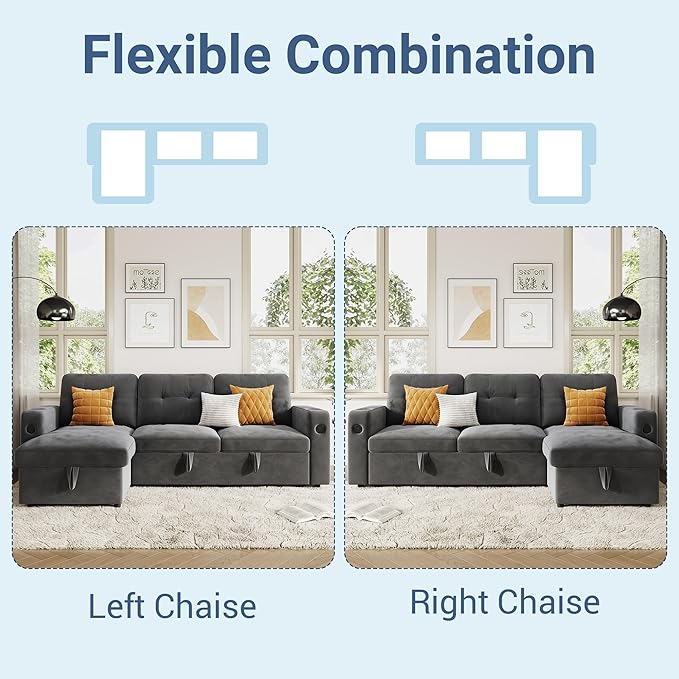 GarveeHome 84 Inch Sleeper Sofa Bed, L-Shaped Sofa, Convertible Pull Out Couch Bed with Storage, Charging Station, LED Lights, Modern Sectional Sofa for Living Room, Apartment, Velvet, Dark Grey