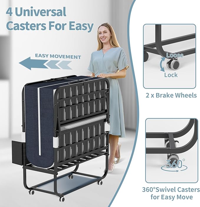 Folding Bed, 74"x31" Portable Beds for Adults, Heavy Duty Sturdy Metal Frame, Foldable Bed on Wheels for Twin Size, Space Saving Rollaway Bed for Guest, Easy Storage with Side Storage Pocket