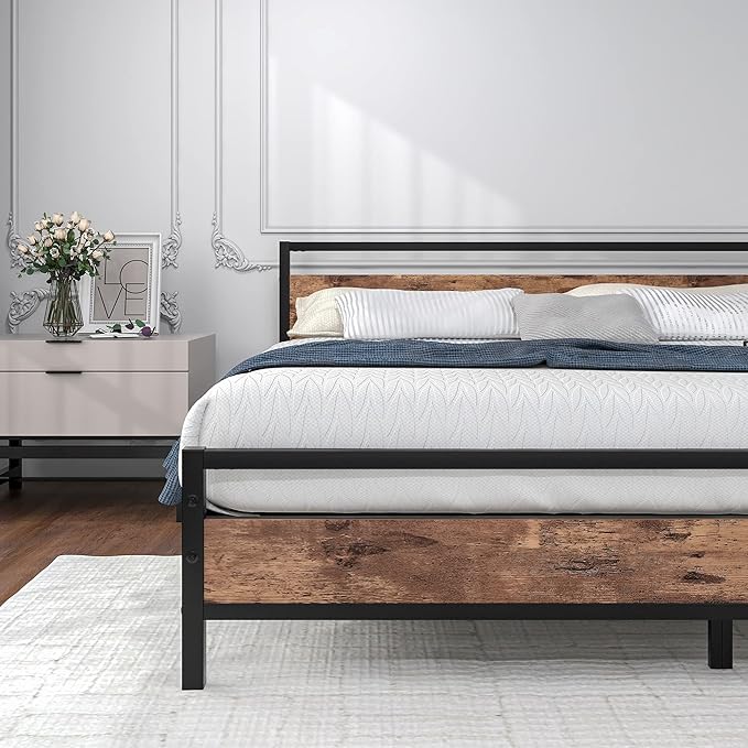 BOFENG Black King Size Bed Frame with Wood Headboard,Industrial Metal Platform Bed Frame King Size with Storage No Box Spring Needed,Strong Steel Slats Support,Easy Assembly,Vintage Brown