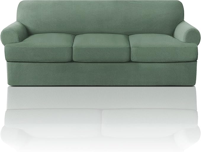 PrinceDeco T Cushion Sofa Slipcover 4 Pieces Sofa Covers for T Cushion Couch Soft Couch Cover (70"-88") Sofa Slip Cover Furniture Covers with 3 Individual T Shape Seat Covers Washable, Loden Frost