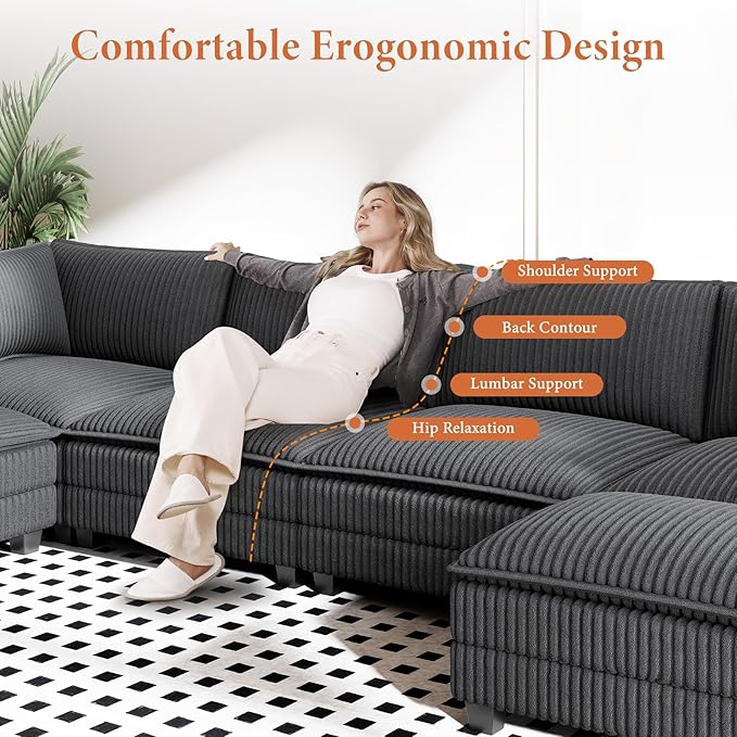 Vesgantti 143" U Shaped Modular Sectional Couch, Comfy Corduroy Upholstered Cloud Sofas for Living Room, Modern 4 Seater Sofa with 2 Movable Ottoman & Throw Pillows, Charcoal Grey
