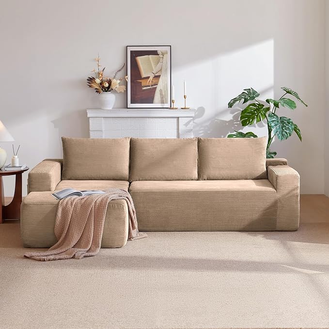 97" Cloud Sectional Couch,Modern Modular Sectional Sofa with Deep Seat,Corduroy Boneless Couches with L-Shape Chaise for Living Room Bedroom,No Assembly Required (Camel, 97" Left Facing Chaise)