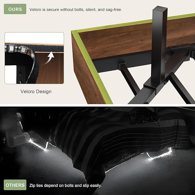 Feonase Floating Bed Frame King with Led Lights and Charging Station, Wood Full Size Bed Frame with Storage Headboard, Heavy Duty Metal Slats, No Box Spring Needed, Easy Assembly,Walnut
