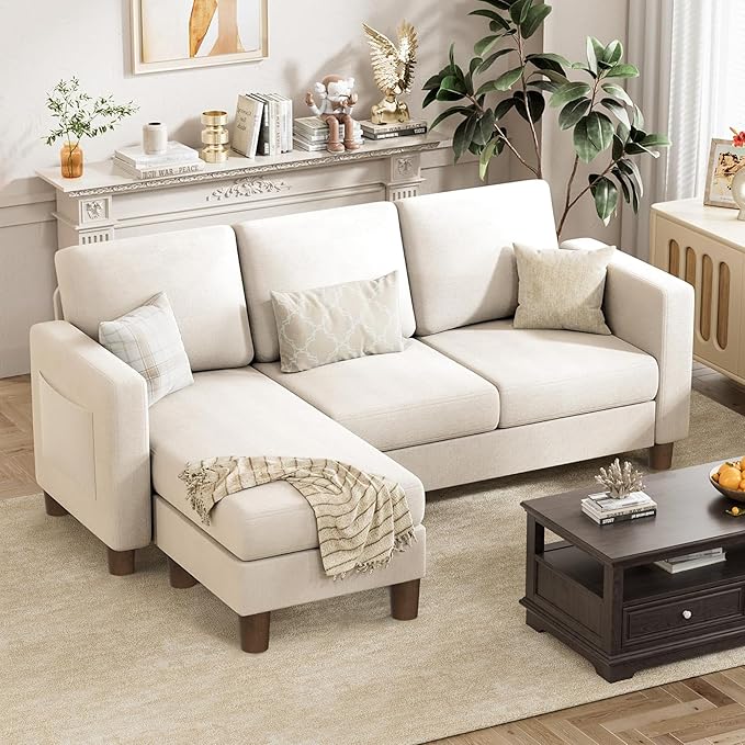 VICTONE Convertible Sectional Sofa Couch, 3 Seat L-Shaped Sofa with Linen Fabric Ottoman Small Couch for Small Apartments, Living Room and Office (Linen Fabric, White)