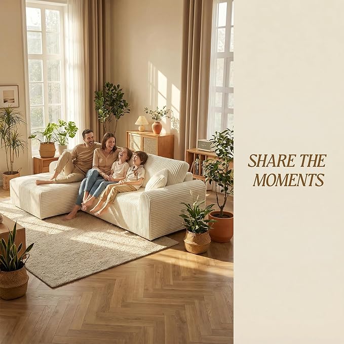 109“L-Shaped Sectional Sofa Boneless Couch Upholstery Cloud Modular Couch with Chaise No Assembly Required Corduroy Fabric Combination Deep Seat Living Room Bedroom (Cream, Left Hand Facing)
