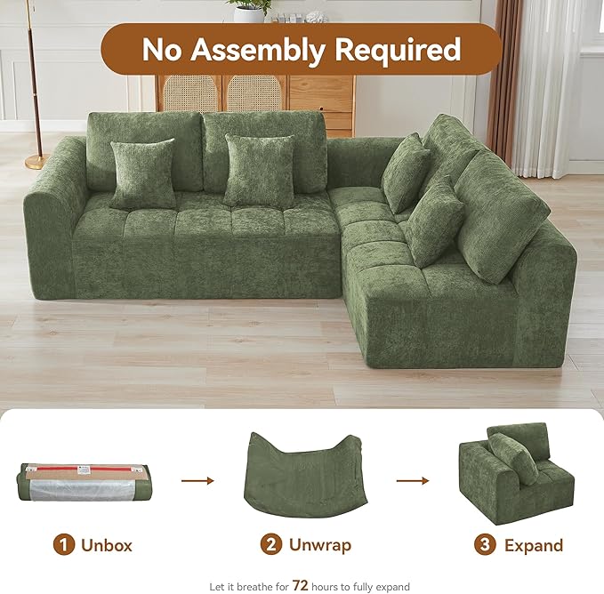 110''Modular Sectional Couches for Living Room, Cloud Boneless Compressed Sofa Right Facing Chaise, Oversized L Shaped 4 Seater Memory Foam Sofa, No Assembly, Chenille Green