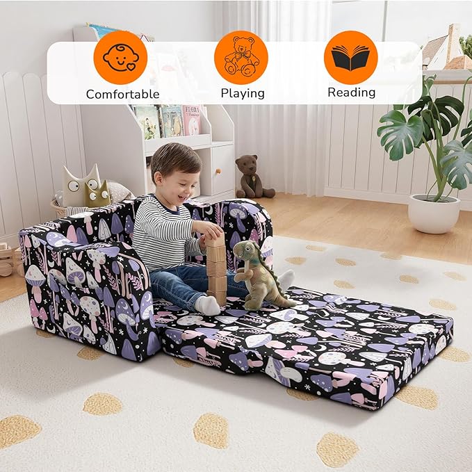 MeMoreCool Toddler Couch Chair – Foldable Kids Sofa for Ages 1–3, Fold-Out Bed with Side Pocket, Comfy & Washable Detachable Cover | Cute Patterns | Lightweight Lounger for Playroom, Naptime, Gifting