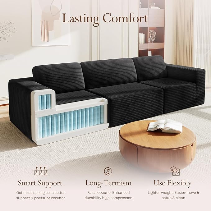 Vesgantti 119" Modular Sectional Sofa, Corduroy Cloud Couch with Deep Seating & Spring Support, 3 Seater Flexible Layout Sofa, Boneless Couch for Living Room & Apartment, No Assembly Required, Black