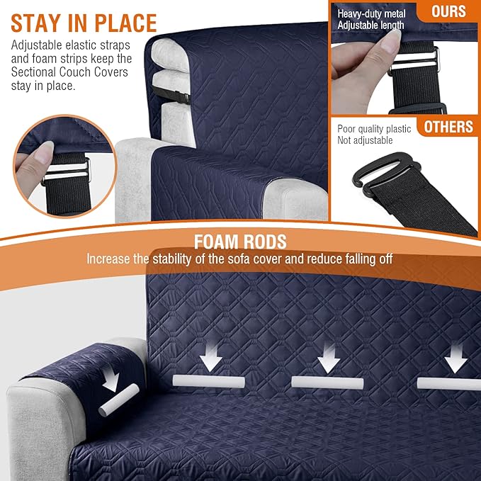 VANSOFY Sectional Couch Covers 100% Waterproof L Shaped Sofa Slipcover 3pcs Reversible Chaise Lounge Cover for Sectional Sofa Furniture Protector Cover for Pets Cat Dog(X-Large, Dark Blue)