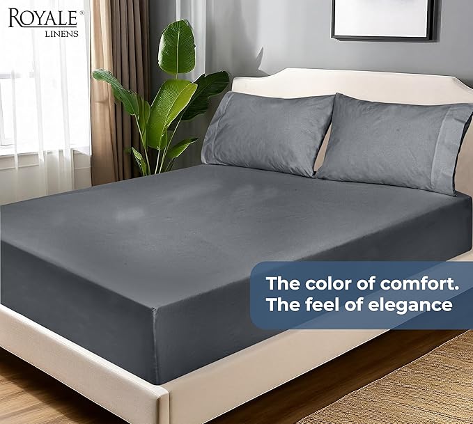 Royale Linens 100% Organic Cotton Fitted Sheet - Percale Weave - Super Soft Deep Pocket Bottom Sheets - Grey Elastic Sheet Queen Size - Queen Fitted Sheets Only - (60"x80"+15", Grey)