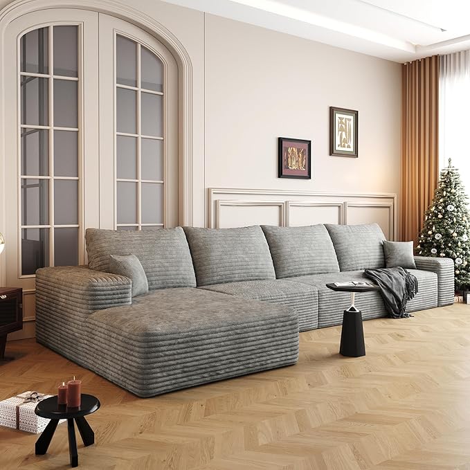 136" Sectional Couches for Living Room Cloud Couch Sofa with L-Shape Upholstered Boneless Couchs Modern Modular Sectional Couch with Chaise (Grey, 136" Left Facing Chaise+3Seaters)