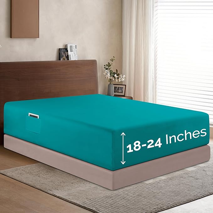 Elegant Comfort 1500 Premium Hotel Quality 18-24 Inches Deep - Extra Deep Pocket Single Fitted Sheet for High Mattress, Luxury and Softest, Smart Pocket - Wrinkle Free, California King, Turquoise