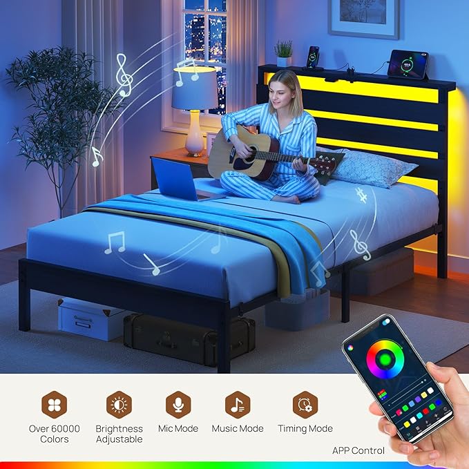 Rolanstar Bed Frame Twin Size with USB Charging Station, LED Bed Frame with Wood Storage Headboard, Black Metal Platform Bed with Under Bed Storage, No Box Spring Needed, Noise Free