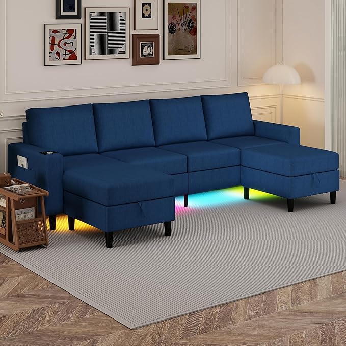 U Shaped Sectional Couches for Living Room, 109" Linen Cloud Couch with Chaise Lounge/Storage Ottoman, 4 Seat Sectional Sofa with Smart Module-Wireless Charging/USB/Type-C/RGB Lights (Blue)