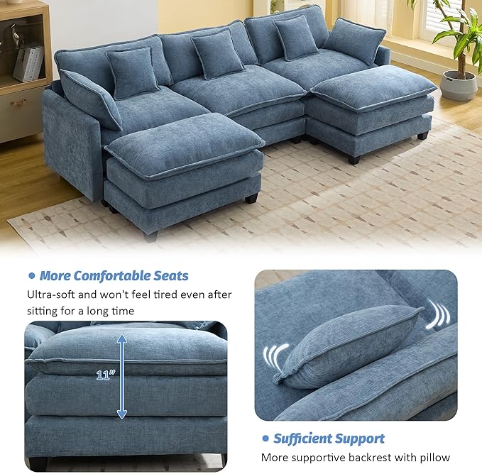 111'' Sectional Cloud Deep Seat Couch, Oversized Chenille U Shaped Sectional Sofa for Living Room Set, Comfy Upholstered Modular 5-Seats Sectional Sofa Couch with 2 Movable Ottoman, Blue