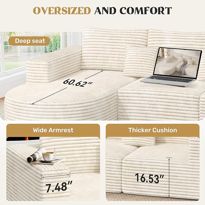 110" Modular Sectional Sofa Couches, Cloud Couches for Living Room, Boneless Sofa with Deep Seat,L-Shape Couch with Chaise,No Assembly Required,Beige,1 PCS