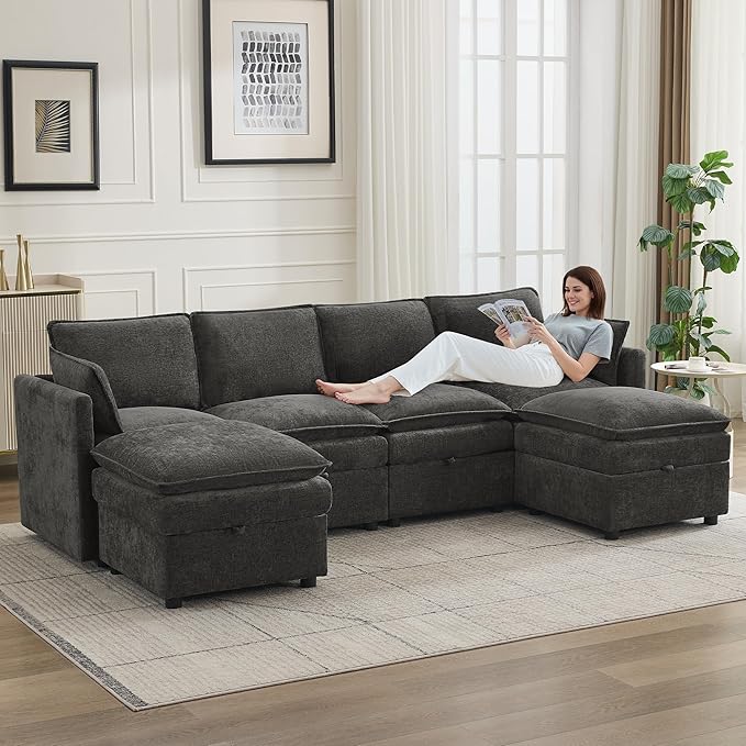 105" Cloud Modular 4 Seater Sofa with 2 Storage Ottoman, Modern Upholstered Sofa Storage Sofa Couch Deep Seat, U Shape Sectional Sofa Chenille Comfy Couch with Armrests for Living Room, Dark Grey | Modular Sofa, 2 Storage Ottoman, Upholstered Sofa, Sec...