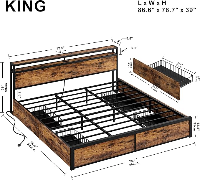 LIKIMIO King Size Bed Frame with 4 Storage Drawers, 2-Tier Storage Headboard with Charging Station, Double Bed Frame King Size for Bedroom, No Box Spring Needed, Easy Assembly, Vintage Brown