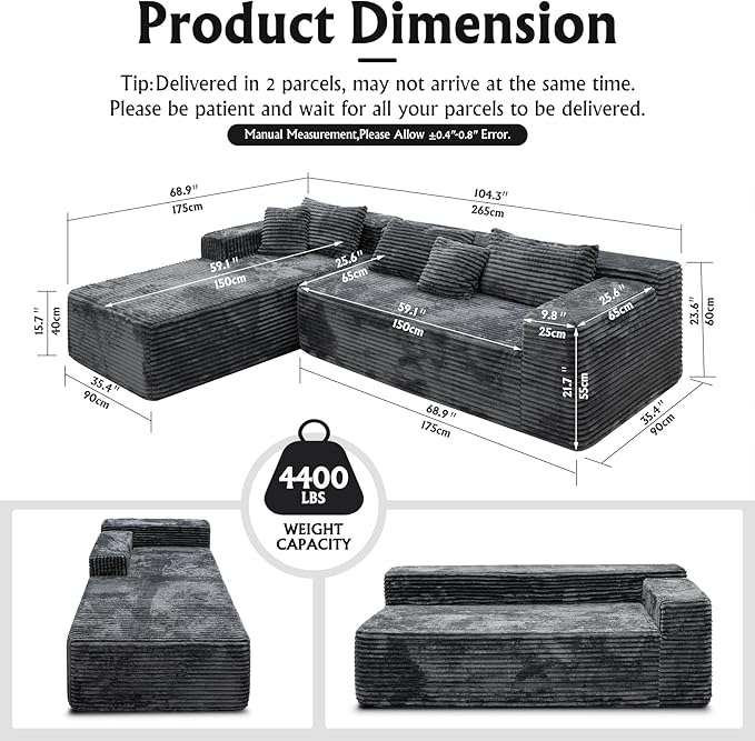 Boneless Modular Sectional Sofa, Cloud Couch with Left Facing Chaise, Oversized Deep Seat, L-Shaped, Soft Corduroy Fabric, Sectional Couch for Living Room -Grey