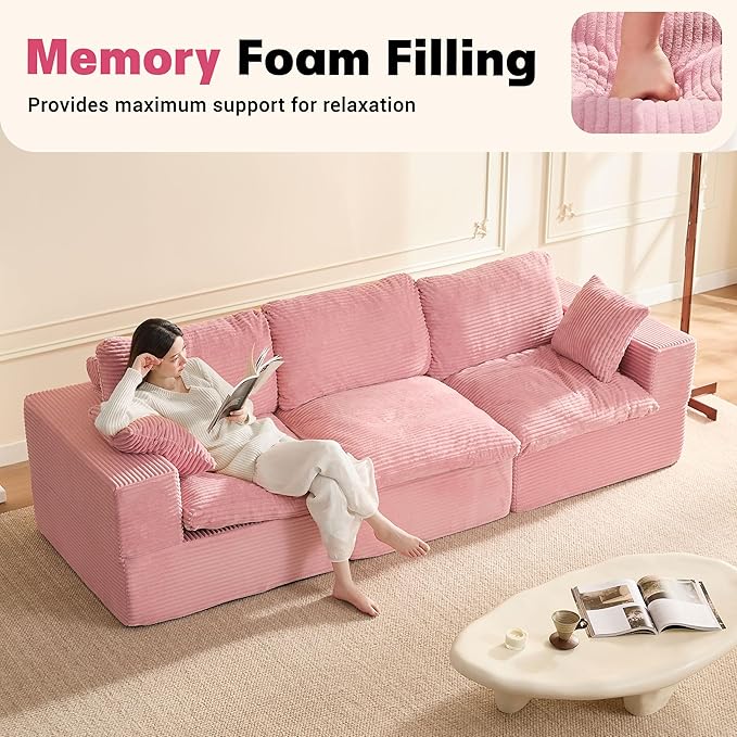 106.3” Sectional Couches for Living Room, Set of Cloud Couch, Modular Sectional Sofa, Convertible Sofas Bed, Deep Seat Sofa, Corduroy, Pink