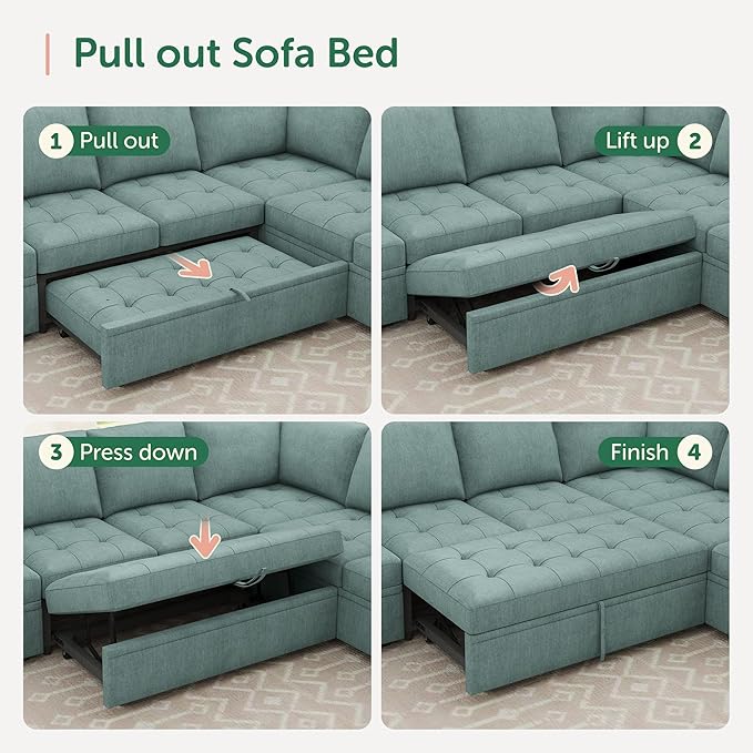 HONBAY Modular Sectional Sleeper Sofa with Pull Out Couch Bed, Convertible Sectional Couches for Living Room,Blue
