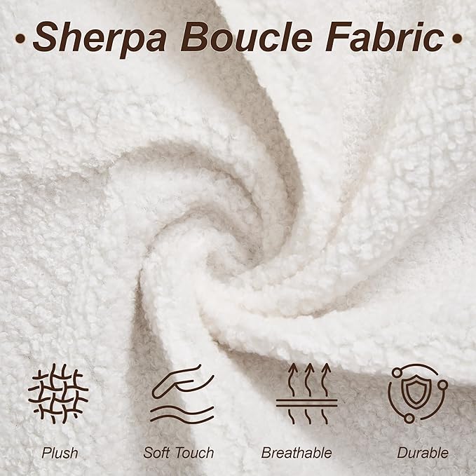 28.7" Sherpa Boucle Ottoman with Solid Wood Legs, Modern Upholstered Footstool, Comfy Ottoman for Living Room, Bedroom, White