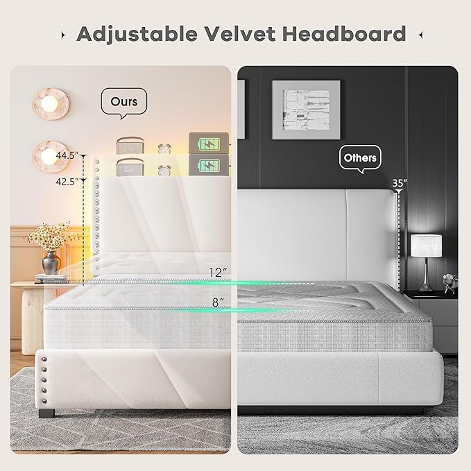 EnHomee Full Size Bed Frame, Velvet Bed Frame with Headboard and Led Light, Platform Bed Frame for Bedroom Apartment, Dorm, Noise-Free, Easy Assembly, Beige