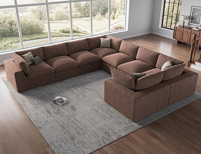 120" Cloud Sectional Couch | Oversize Boneless Couches for Living Room | 4 Seater L-Shape Sofa | Brown
