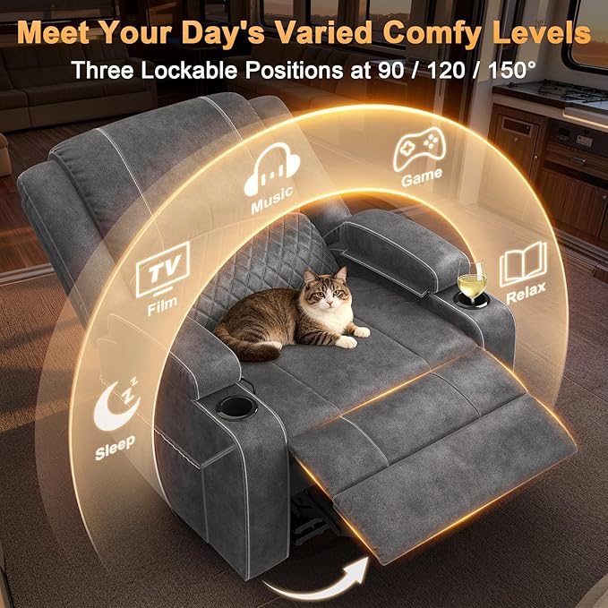 Oversized Manual Recliner Chair, 3X Recliner Home Theater Seating, RV Recliner Single Sofa with Storage, Cup Holder & Side Pocket, Reclining Chair for RV, Home Theater & Living Room (Velvet,Grey)
