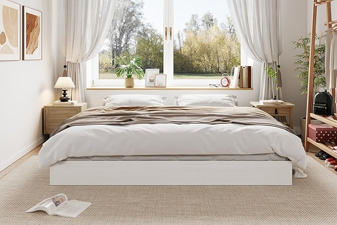 California King Size Solid Wood Platform Bed with Sturdy Wooden Slats, Floor-Standing Bed Frame, Modern Minimalist Design Bed Frame, No Box Spring Needed, Easy Assembly, White