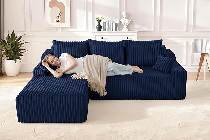 HABUTWAY 94'' Cloud Sectional Couch, Boneless Sofa with Deep Seat, Modular Comfy L-Shape Couch with Chaise for Living Room Bedroom, No Assembly Required(Blue,Left Facing Chaise)