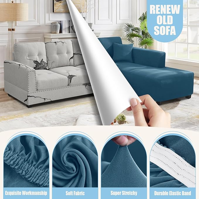 KinCam Sectional Couch Covers L Shape Sofa Covers Super Stretch 2pcs Sofa Slipcovers for 3 + 3 Seaters Sectional Chaise Slipcover with 2pcs Pillow Covers for Pets Kids, Peacock Blue