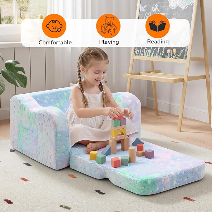 MeMoreCool Glowing Pastel Rainbow Kids Chair, 2-in-1 Foldable Kids Couch and Kids Sofa for Playroom Nursery, Soft Foam Fold Out Kids Couch with Glow-in-the-Dark Stars, Washable Cover | Reading, Lounging
