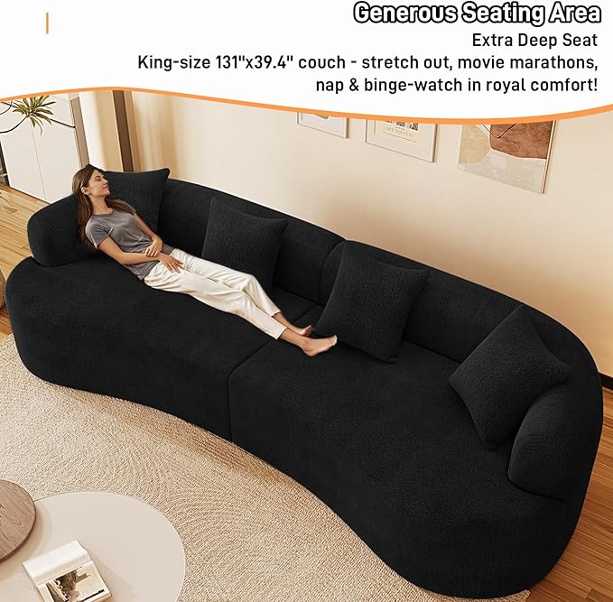 131" Curved Modular Sectional Sofa for Living Room, Modern Chenille Oversized Cloud Couch Sofa, Luxury Plush Extra Deep 4-Seater Boucle Couch for Apartment‌‌, No Assembly Required, Black
