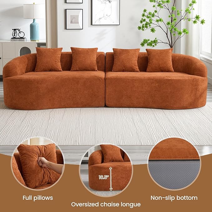 110" Boneless 4 Seater Sofa Couch, Modern Oversized Curved Cloud Sofa, Chenille 4-Seater Deep Seat Sectional Couches for Living Room, No Assembly, Orange