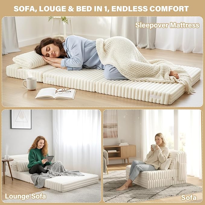 Tiita Folding Sofa Bed Single Size, Convertible Sleeper Chair Mattress with Pillow, Thick Corduroy Floor Mattress Couch Bed with Side Pocket, Guest Room, Dorm, Apartment, Beige