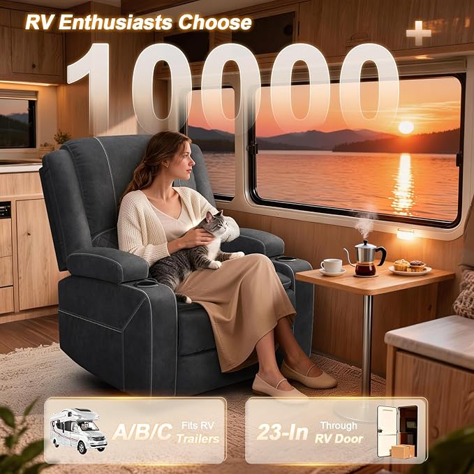 Oversized Manual Recliner Chair, 3X Recliner Home Theater Seating, RV Recliner Single Sofa with Storage, Cup Holder & Side Pocket, Reclining Chair for RV, Home Theater & Living Room (Velvet,Grey)