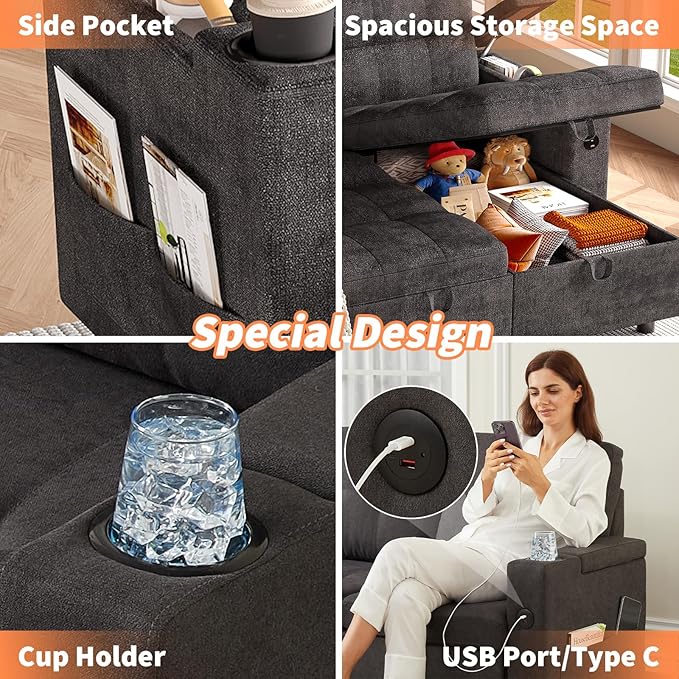Garvee Couches for Living Room, 84'' Sofa Bed，l-Shaped Sectional Sleeper Sofa with Pull Out Bed，Reversible Storage Chaises， Hidden Storage Armrests，Cup Holders & USB Charging Ports