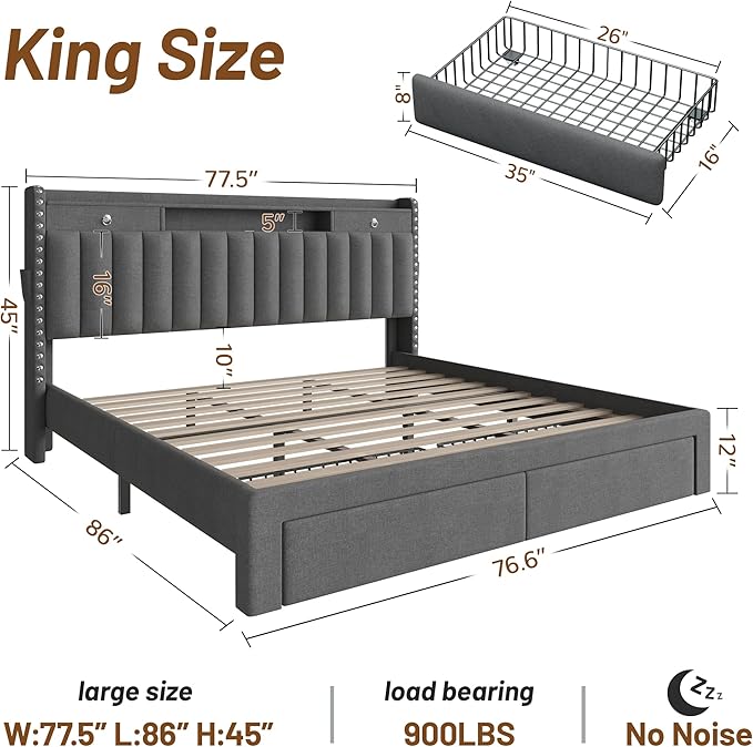 CypBed King Size Bed Frame with 4 Storage Drawers, Upholstered Platform King Bed Frame and Headboard, 3 USB & Type-C Charging Ports, Solid Wood Slats, No Box Spring Needed, No-Noise, Dark Grey,Gifts