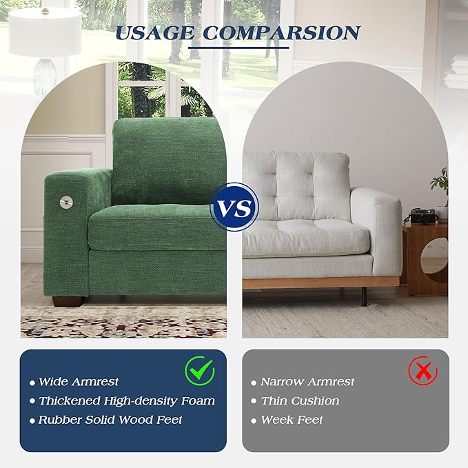 WorthFurni 89 Inch Modern Sofa Couch with USB Port & Side Pockets, Chenille Fabric 3 Seater Couch,Comfy Washable Small Sofas & Couches for Living Room Bedroom Apartment（Green）