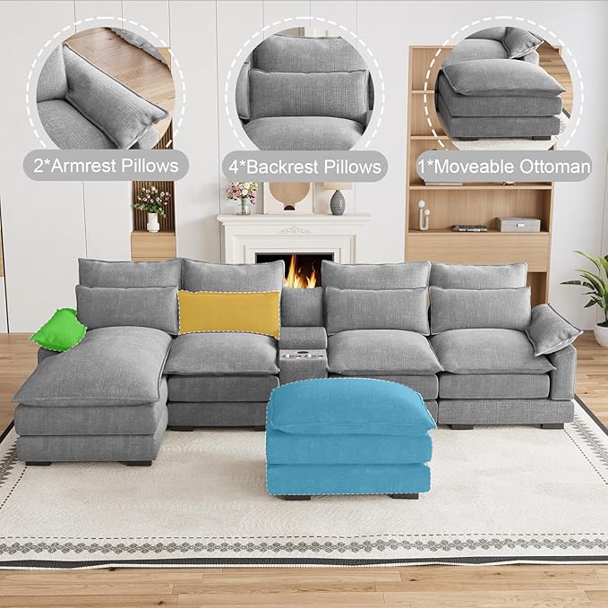 135" U Shaped Cloud Couch Sectional Modular Sectional Couches for Living Room Oversized Comfy Chenille Sofa Cloud Couch Set with Storage Central Console, USB Ports, Chaise Lounge, Ottoman, Grey