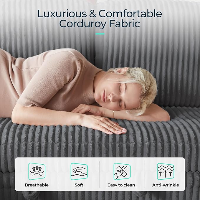 LINSY HOME Sectional Sleeper Sofa with Pull Out Couch Bed for Living Room (Grey) | Plush Corduroy, Storage Ottoman, Storage Chaise, Pull Out Couch, USB Charging