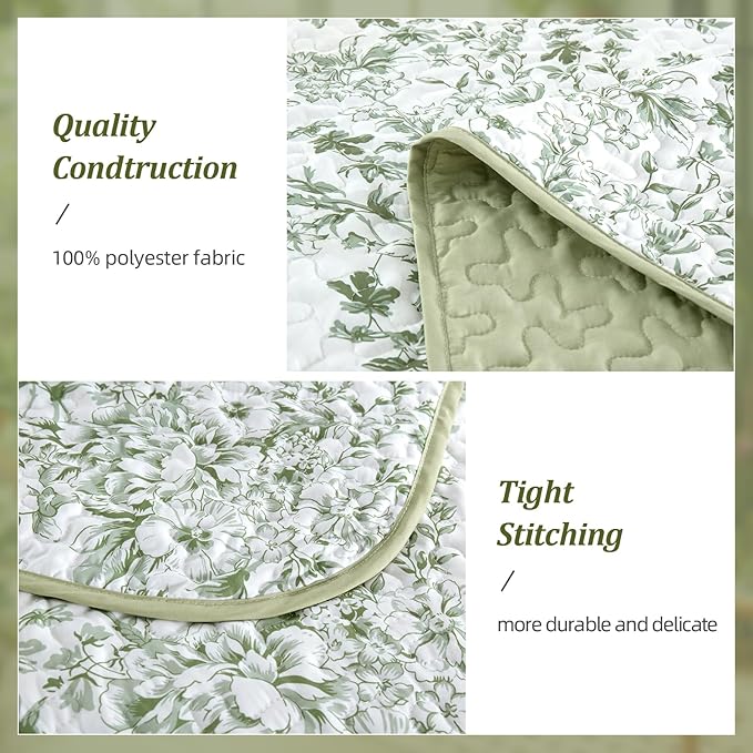 WONGS BEDDING Quilt King Size, Sage Green Quilt Bedding Set with 2 Pillowcases, Botanical Quilt for King Bed, Soft Microfiber Lightweight Coverlet Bedspread for All Season (110"×90", 3 Pieces)