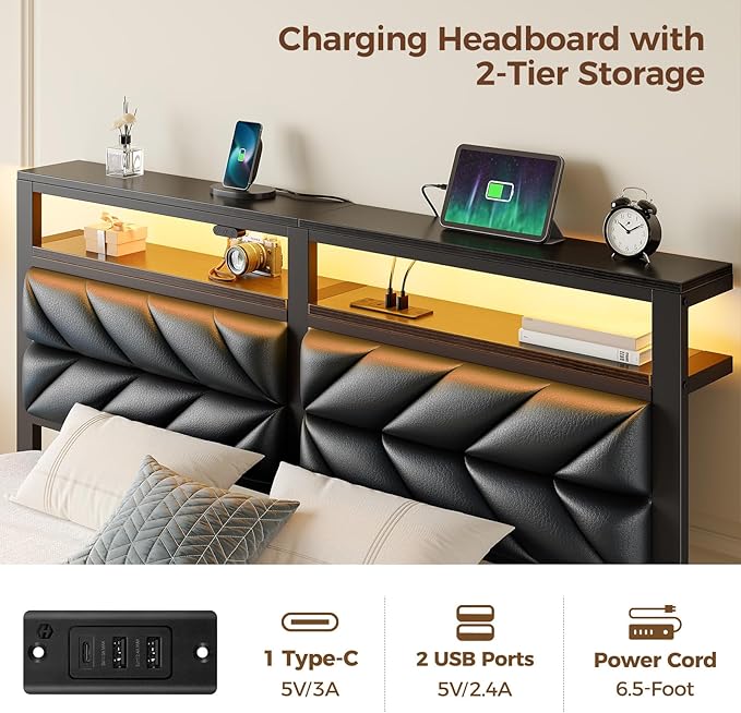 Seventable King Size Bed Frame with Charging Station & LED Lights, Upholstered Headboard with 2-Tier Storage Shelves, Metal Platform with Under Bed Storage, No Box Spring Needed, Easy Assembly, Black