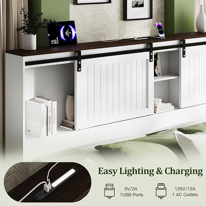 King Size Bed Frame with Storage Headboard, Sliding Barn Door, Wood Platform Bed with Reading Light and Charging Station, Wood Slats Support, Easy Assembly, Noise-Free, Antique White