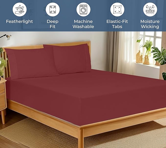 Royale Linens 100% Organic Cotton Fitted Sheet - Percale Weave - Super Soft Deep Pocket Bottom Sheets - Elastic Sheet King Cal Size - California King Fitted Sheets Only - (72"x84"+15", Red)