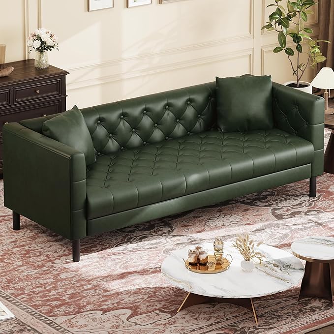 GarveeHome 81 in Leather Couch for Living Room, Modern Sofa Couch with Deep Seat and 2 Pillows, Handmade Button Tufted 3 Seater Sofa, Leather Sofa for Apartment, Office, Green