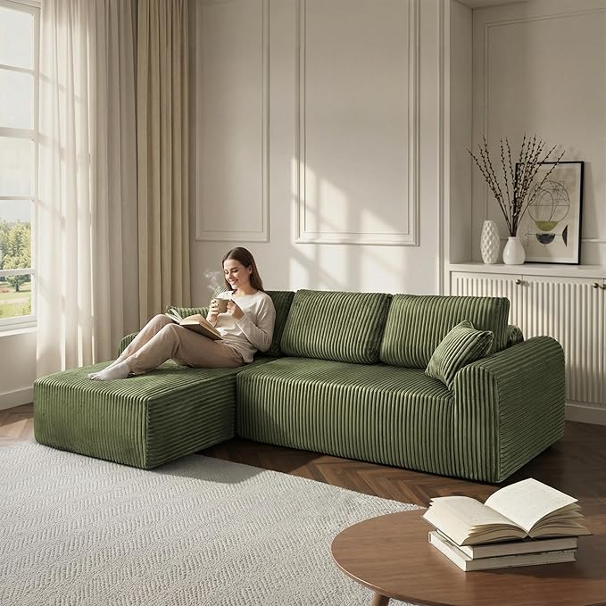 109“L-Shaped Sectional Sofa Boneless Couch Upholstery Cloud Modular Couch with Chaise No Assembly Required Corduroy Fabric Combination Deep Seat Living Room Bedroom(Green, Left Hand Facing)