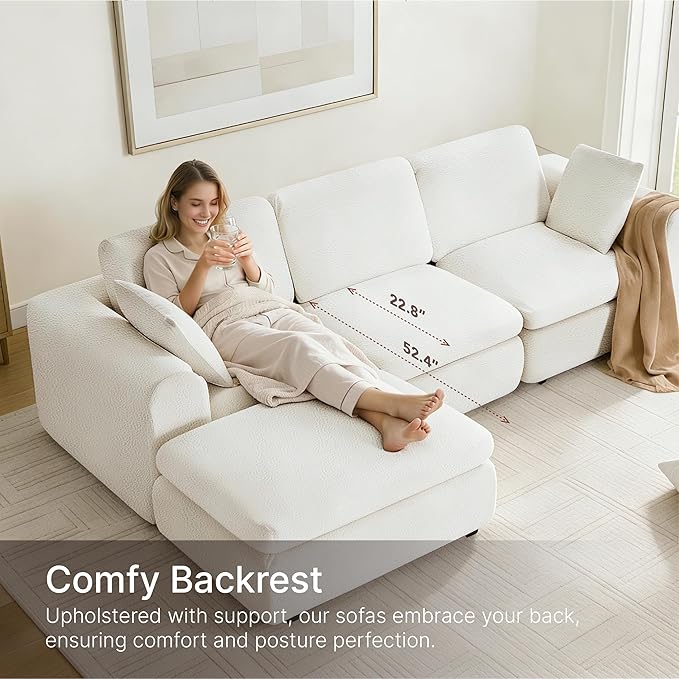 138" Boneless Cloud Couch Sectional No Assembly Required Modular Sofa with Deep Seat for Living Room U Shaped Couch with Ottoman Snowflake Fabric and Memory Sponge White